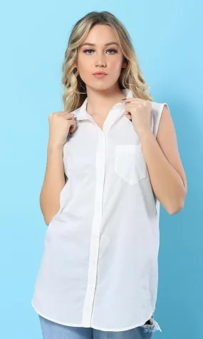 12454 Sleeveless Front Pocket Basic White Shirt