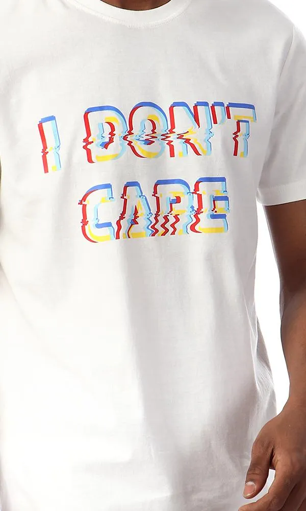 57535 "I Don'T Care" Printed Round Neck T-Shirt - Off White