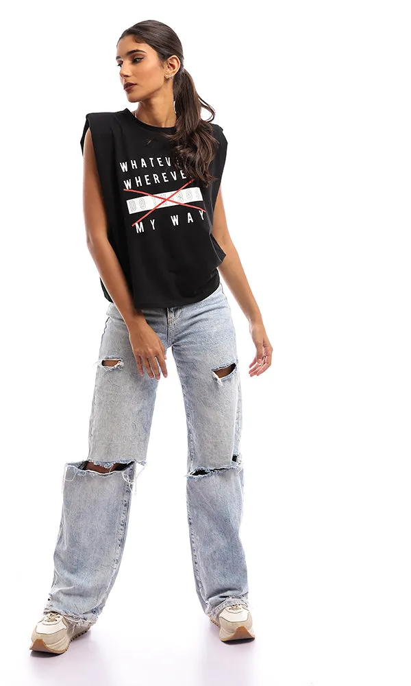 94785 Printed Sleeveless Cotton Top - Black