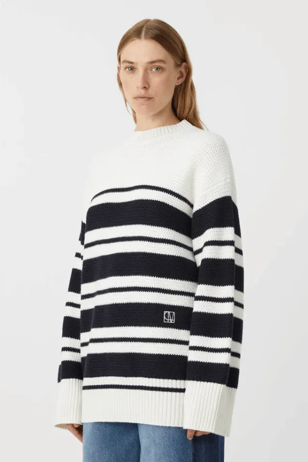 Atticus Sweater White Navy Stripe