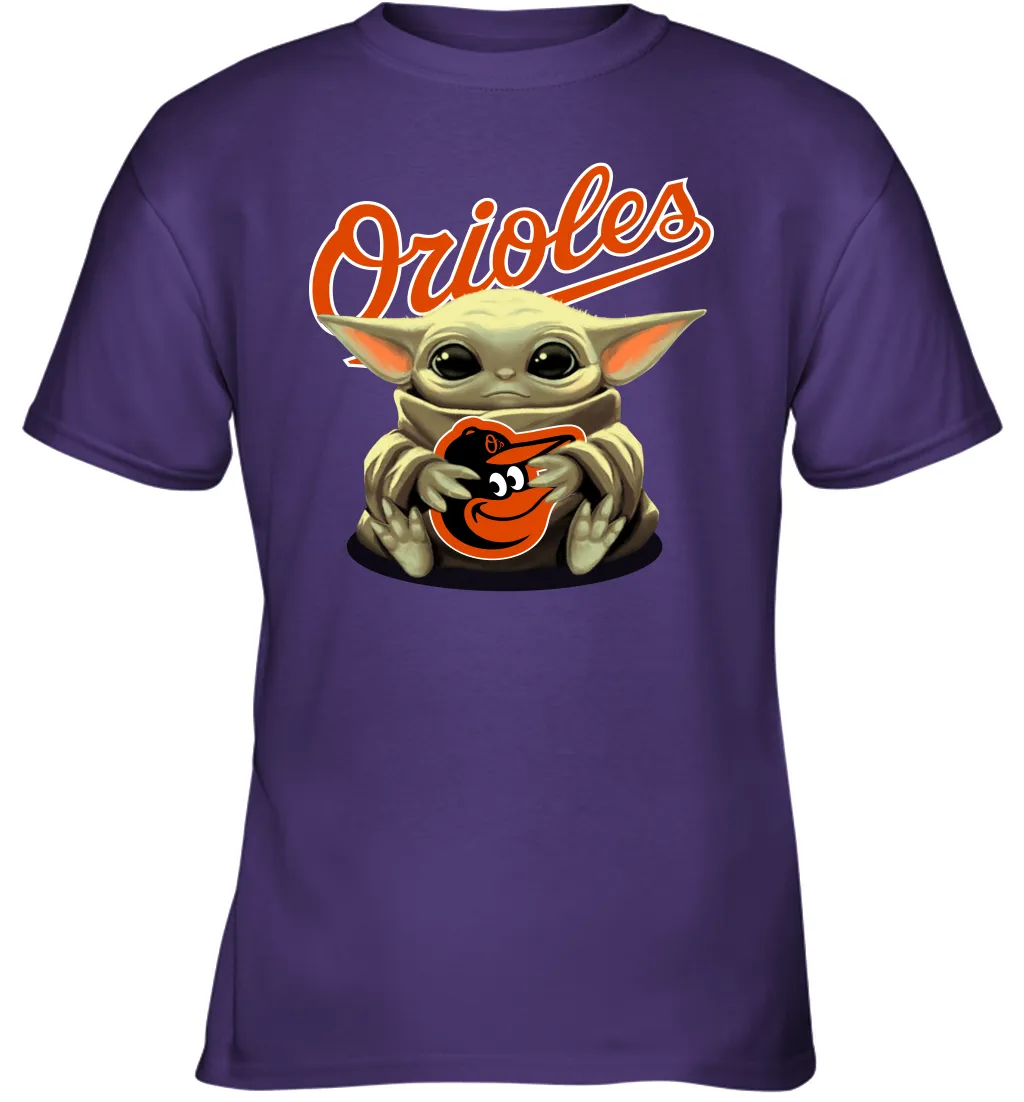 Baby Yoda Hugs Loves The Baltimore Orioles Baseball Youth T-Shirt