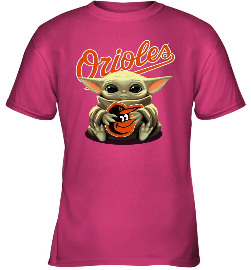Baby Yoda Hugs Loves The Baltimore Orioles Baseball Youth T-Shirt
