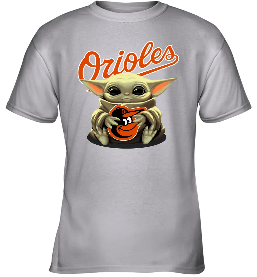 Baby Yoda Hugs Loves The Baltimore Orioles Baseball Youth T-Shirt