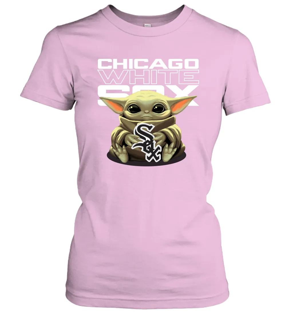 Baby Yoda Hugs Loves The Chicago White Sox Baseball Womens T-Shirt