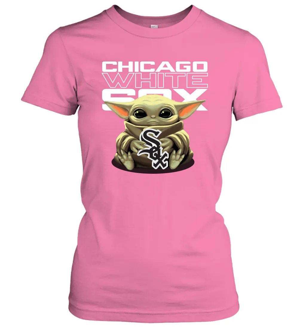 Baby Yoda Hugs Loves The Chicago White Sox Baseball Womens T-Shirt