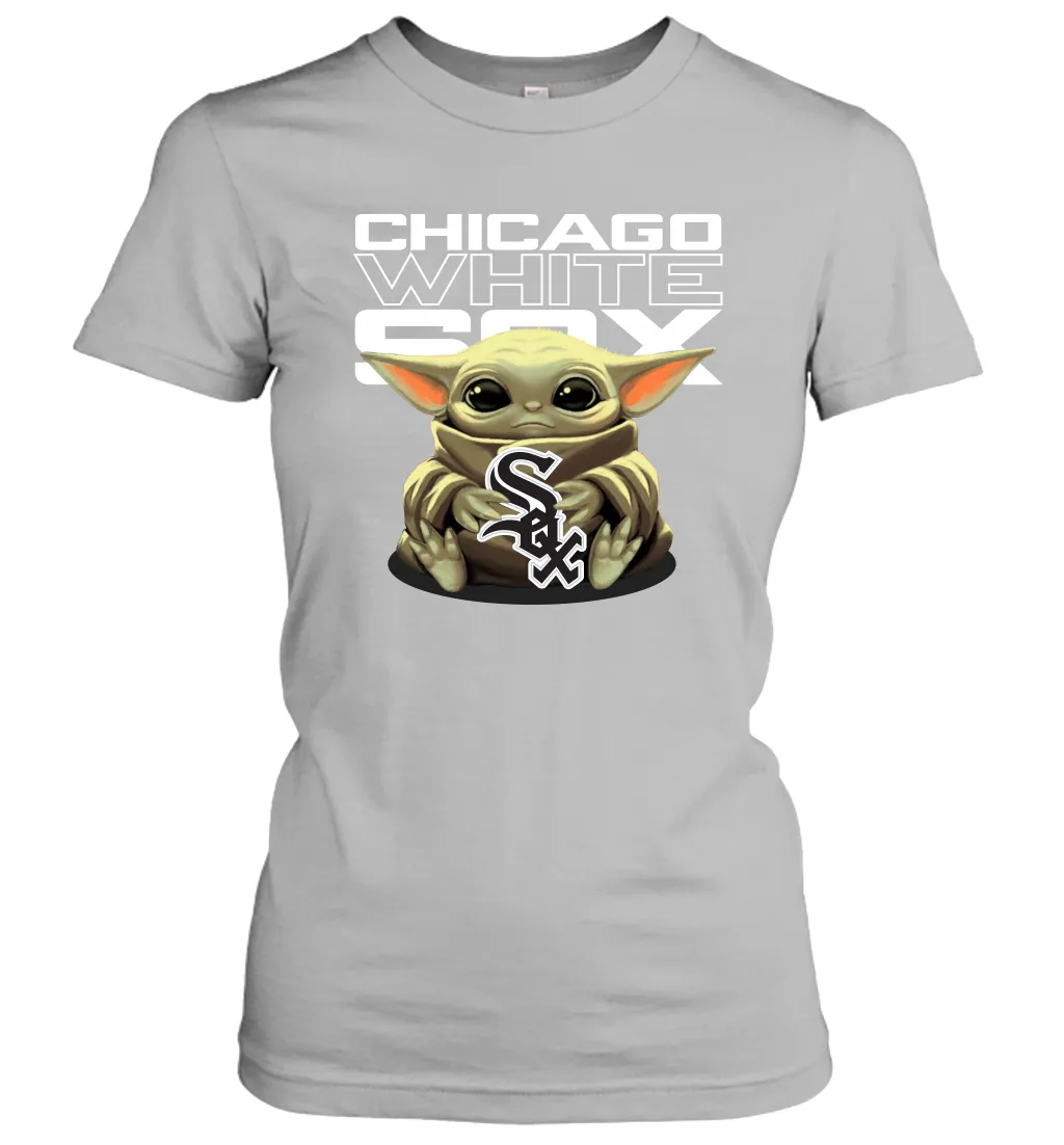 Baby Yoda Hugs Loves The Chicago White Sox Baseball Womens T-Shirt