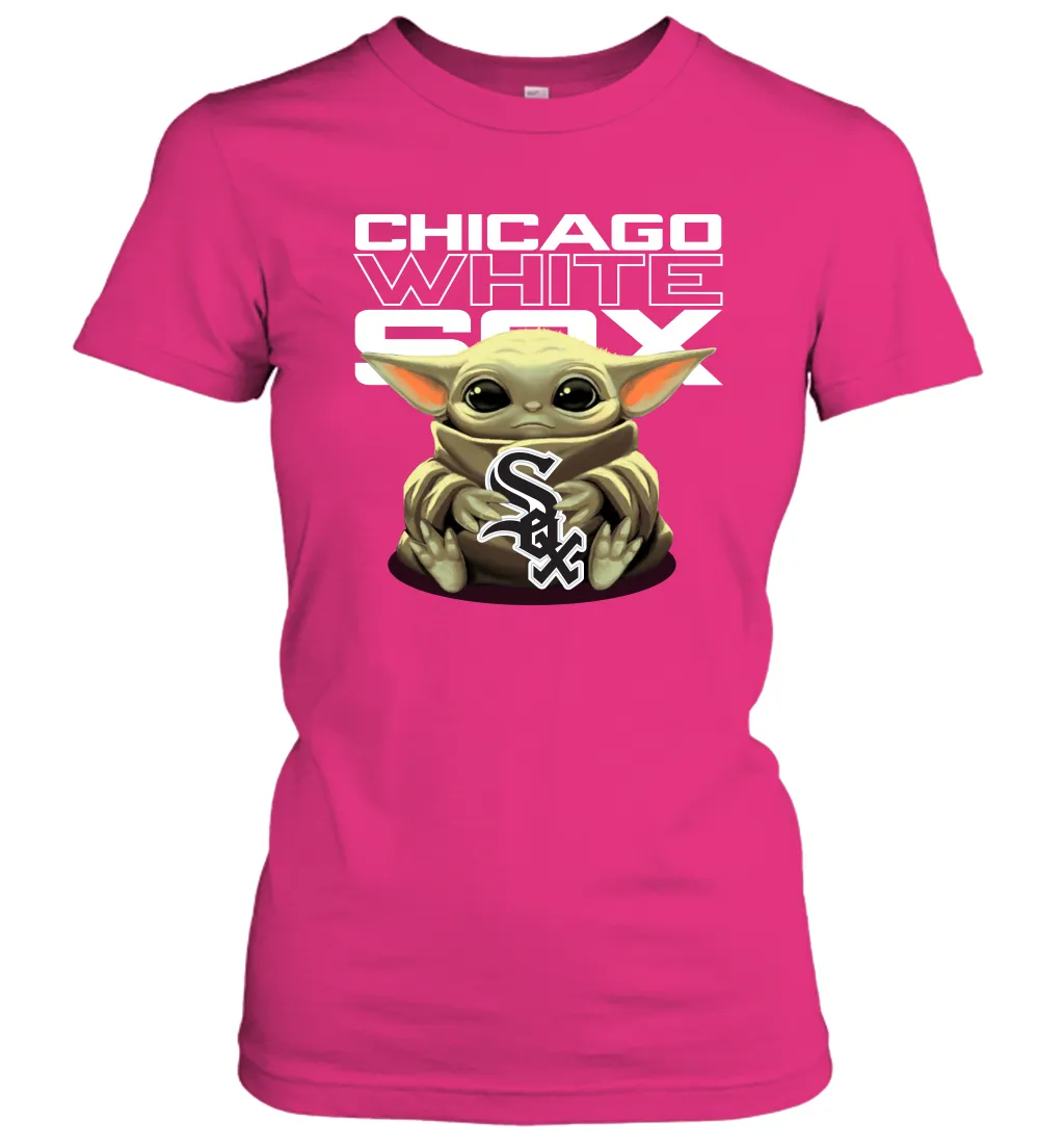 Baby Yoda Hugs Loves The Chicago White Sox Baseball Womens T-Shirt