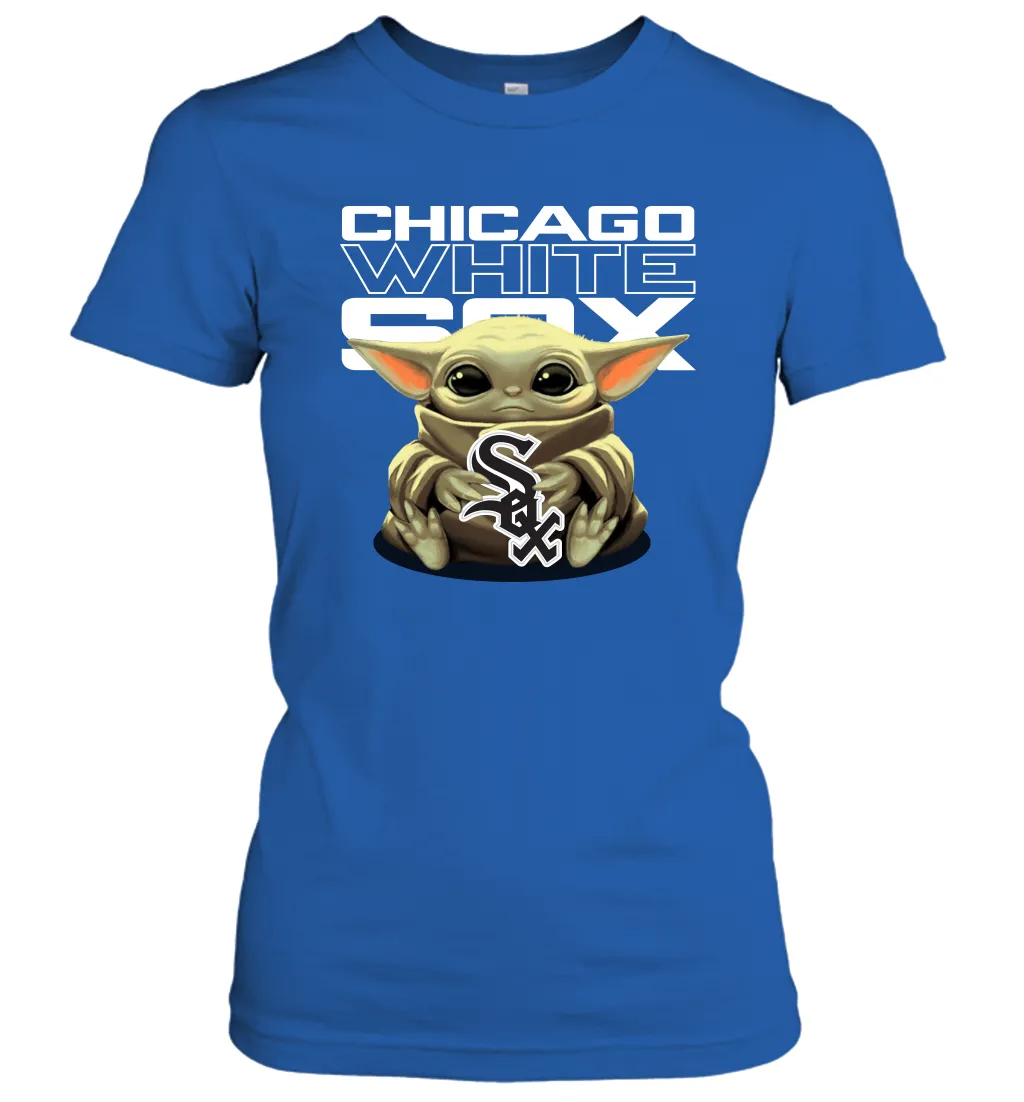 Baby Yoda Hugs Loves The Chicago White Sox Baseball Womens T-Shirt