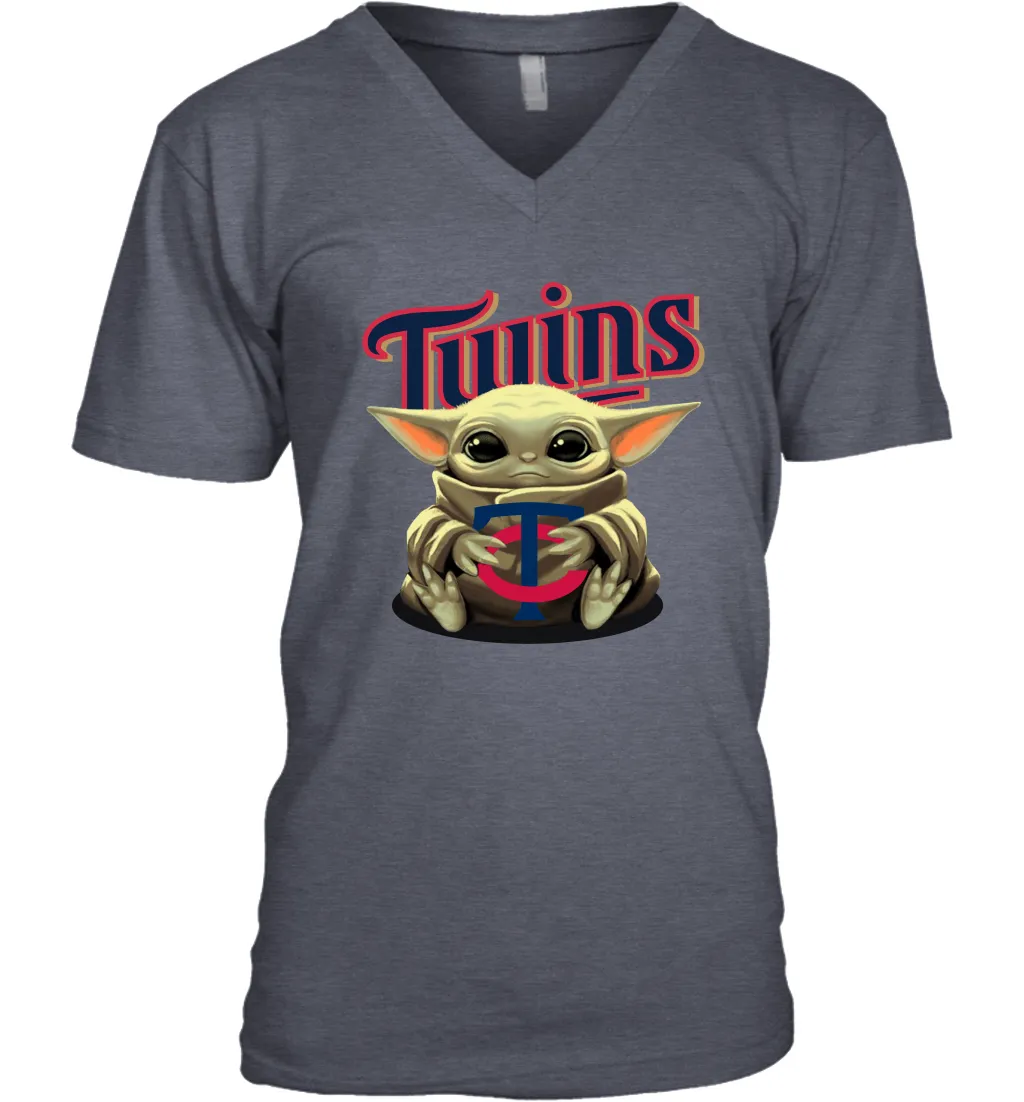 Baby Yoda Hugs Loves The Minnesota Twins Baseball Mens V-Neck T-Shirt