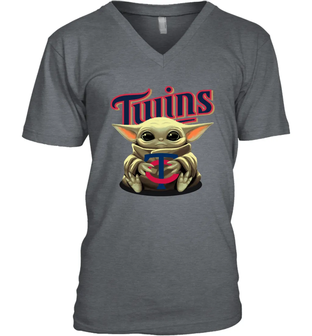 Baby Yoda Hugs Loves The Minnesota Twins Baseball Mens V-Neck T-Shirt