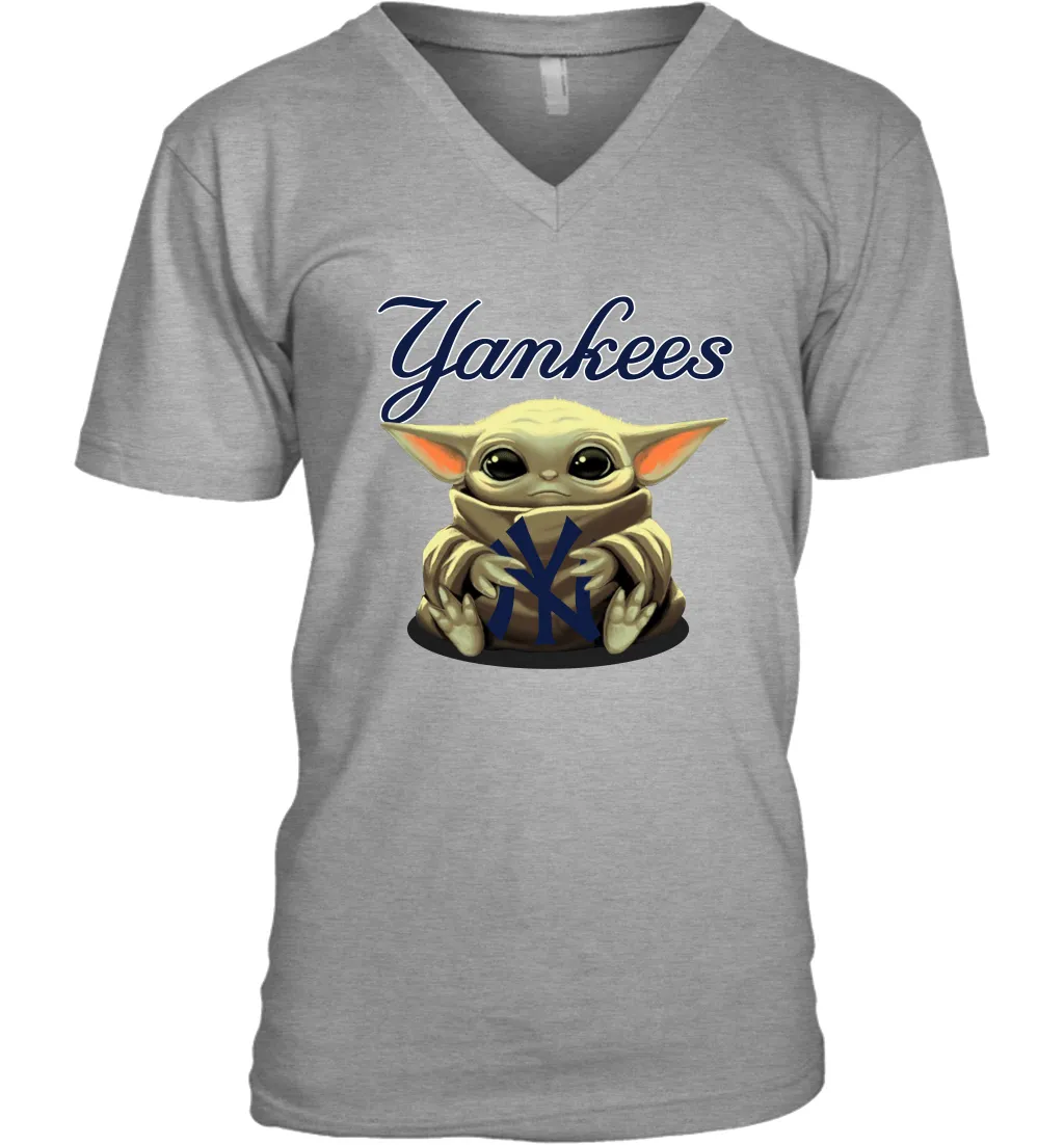 Baby Yoda Hugs Loves The New York Yankees Baseball Mens V-Neck T-Shirt
