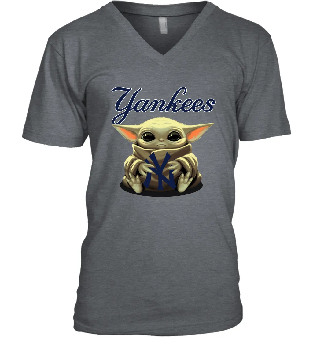 Baby Yoda Hugs Loves The New York Yankees Baseball Mens V-Neck T-Shirt