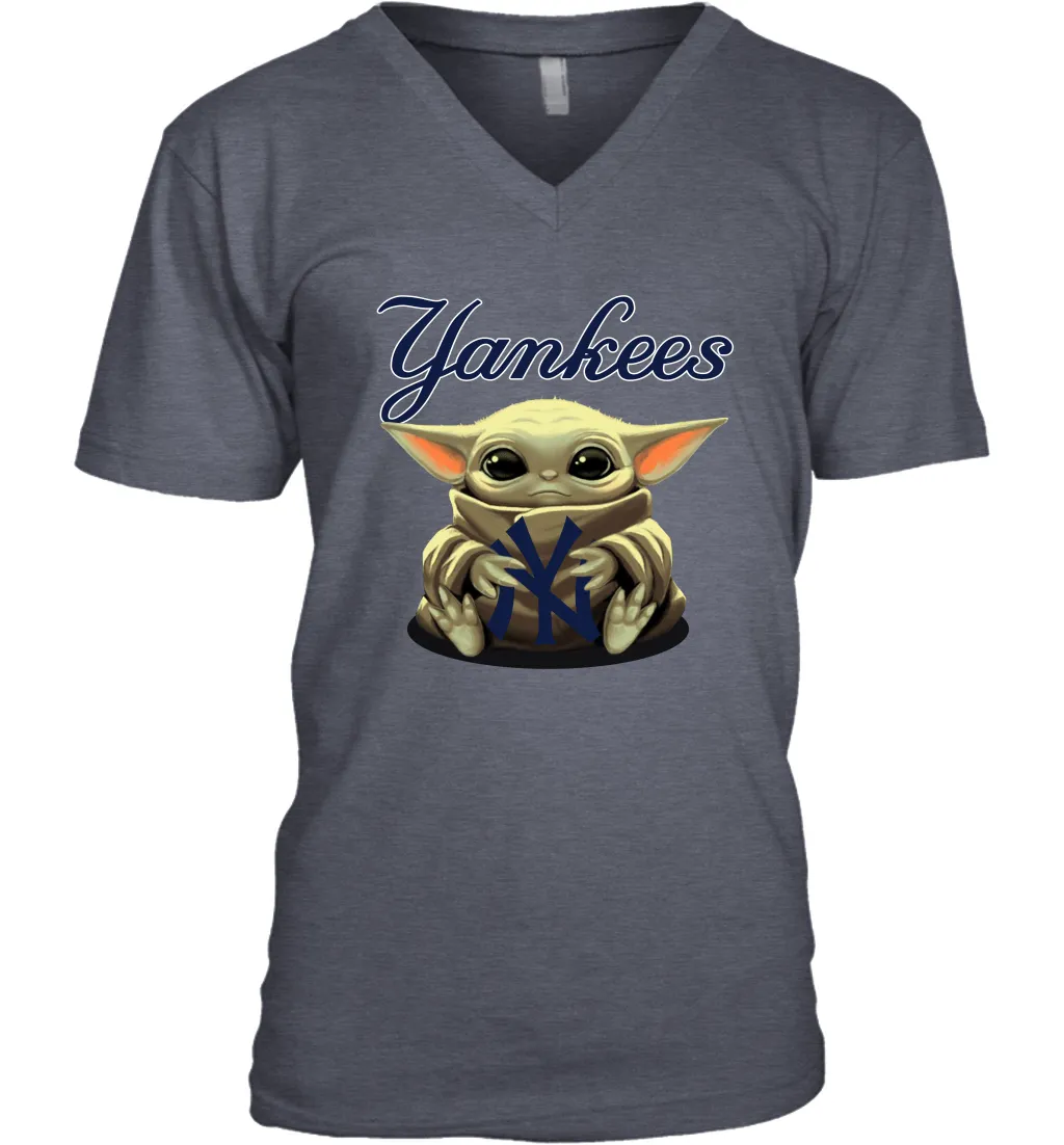 Baby Yoda Hugs Loves The New York Yankees Baseball Mens V-Neck T-Shirt