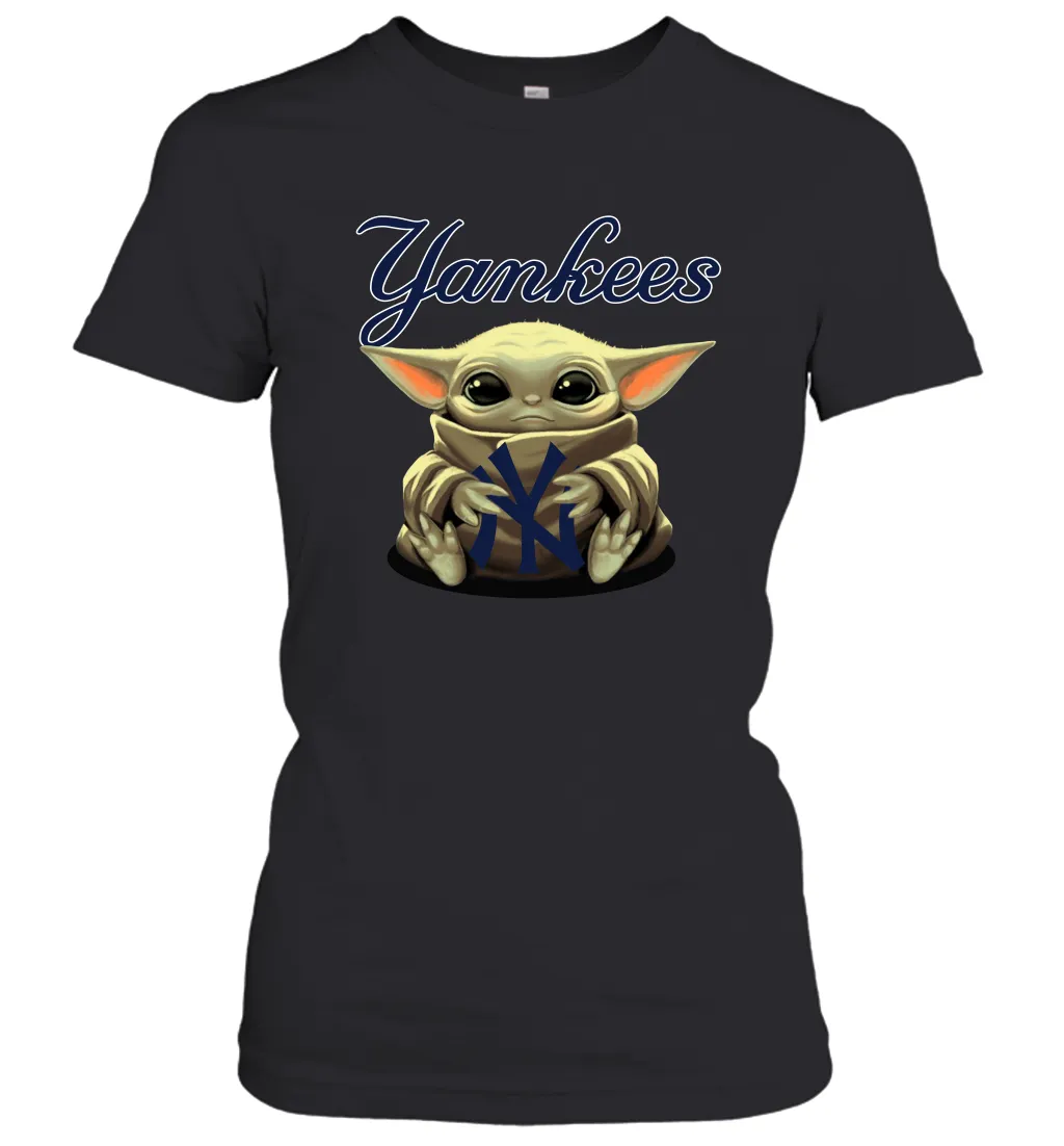 Baby Yoda Hugs Loves The New York Yankees Baseball Womens T-Shirt