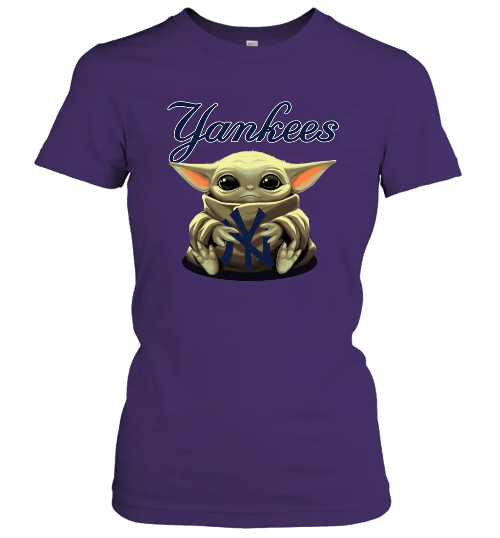 Baby Yoda Hugs Loves The New York Yankees Baseball Womens T-Shirt