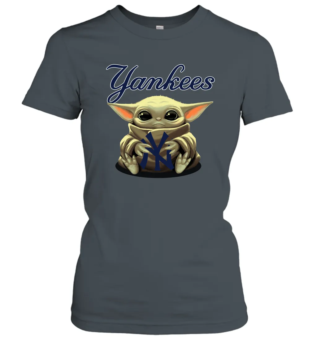 Baby Yoda Hugs Loves The New York Yankees Baseball Womens T-Shirt
