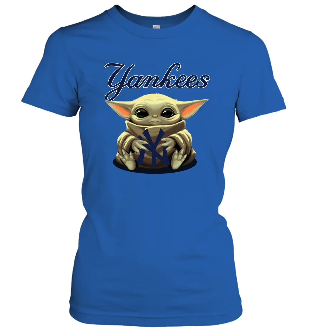 Baby Yoda Hugs Loves The New York Yankees Baseball Womens T-Shirt