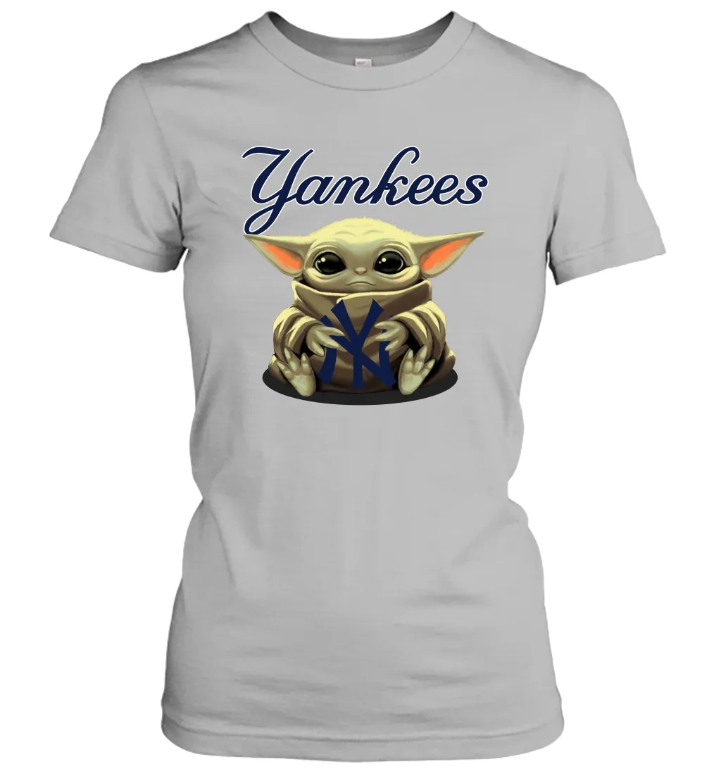 Baby Yoda Hugs Loves The New York Yankees Baseball Womens T-Shirt