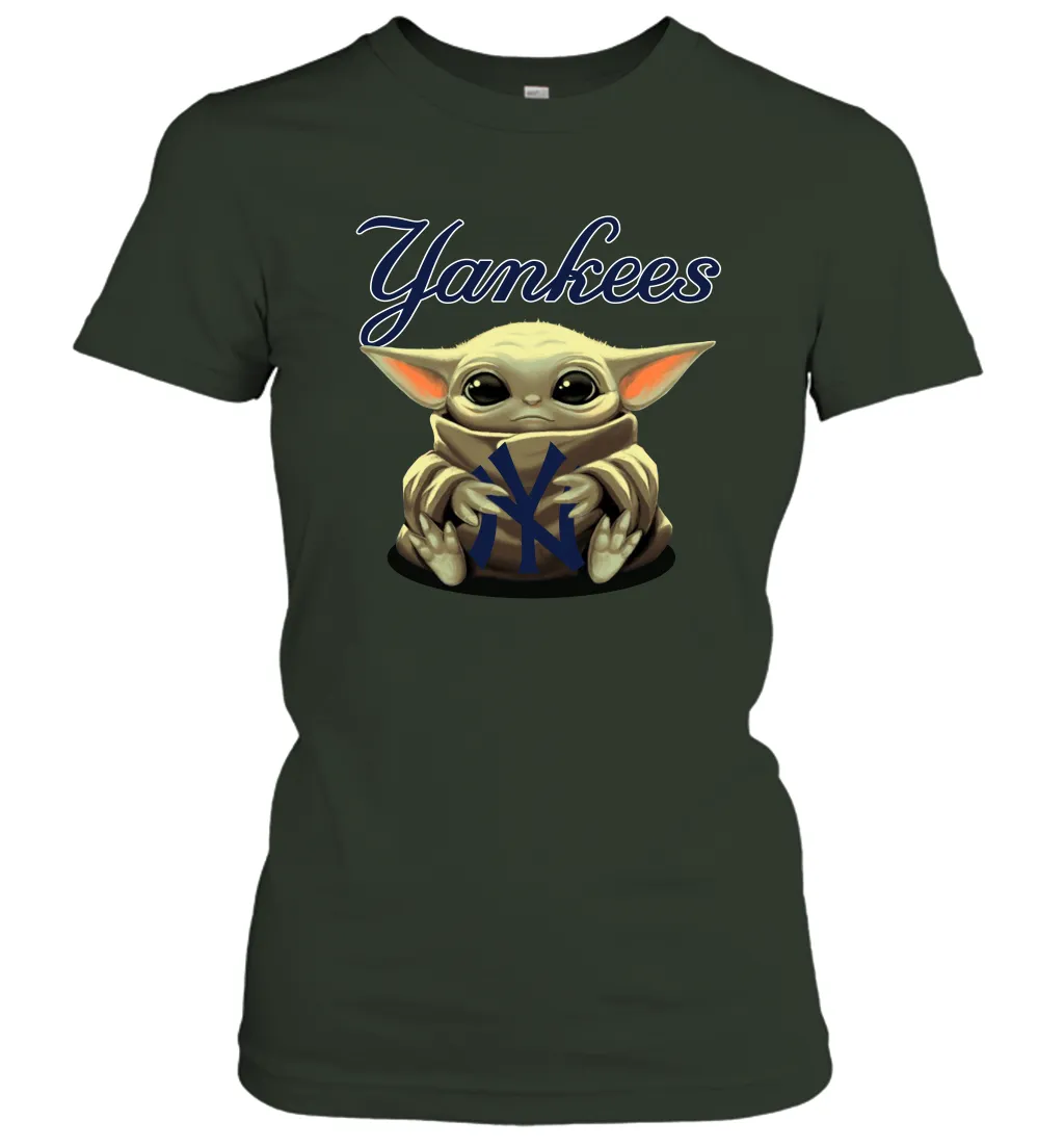 Baby Yoda Hugs Loves The New York Yankees Baseball Womens T-Shirt
