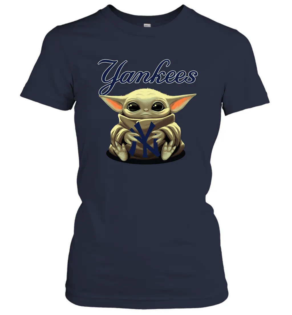 Baby Yoda Hugs Loves The New York Yankees Baseball Womens T-Shirt