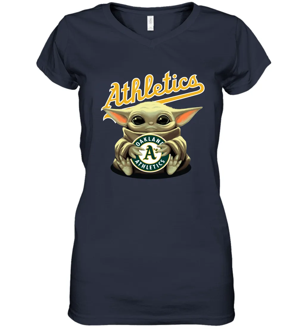 Baby Yoda Hugs Loves The Oakland Athletics Baseball Womens V-Neck T-Shirt