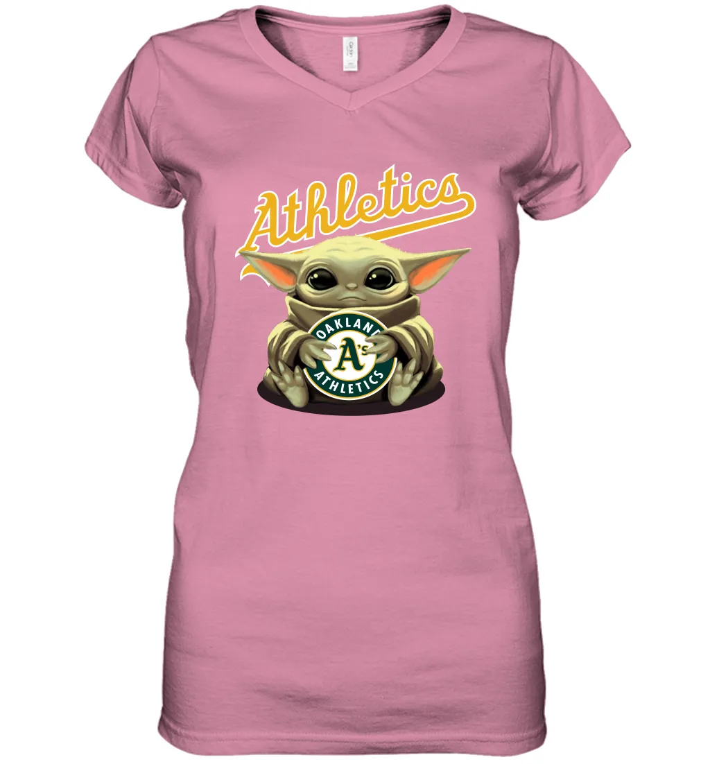 Baby Yoda Hugs Loves The Oakland Athletics Baseball Womens V-Neck T-Shirt