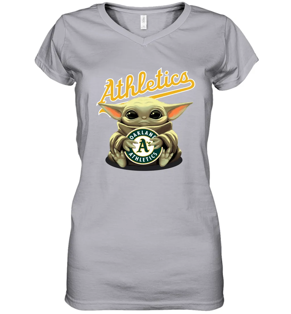 Baby Yoda Hugs Loves The Oakland Athletics Baseball Womens V-Neck T-Shirt