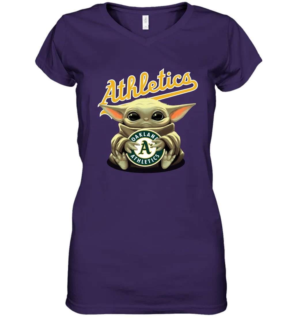 Baby Yoda Hugs Loves The Oakland Athletics Baseball Womens V-Neck T-Shirt
