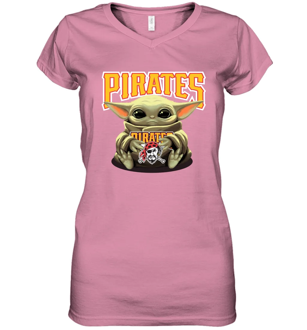Baby Yoda Hugs Loves The Pittsburgh Pirates Baseball Womens V-Neck T-Shirt