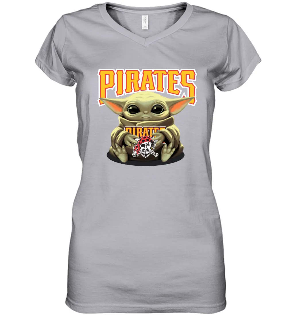 Baby Yoda Hugs Loves The Pittsburgh Pirates Baseball Womens V-Neck T-Shirt