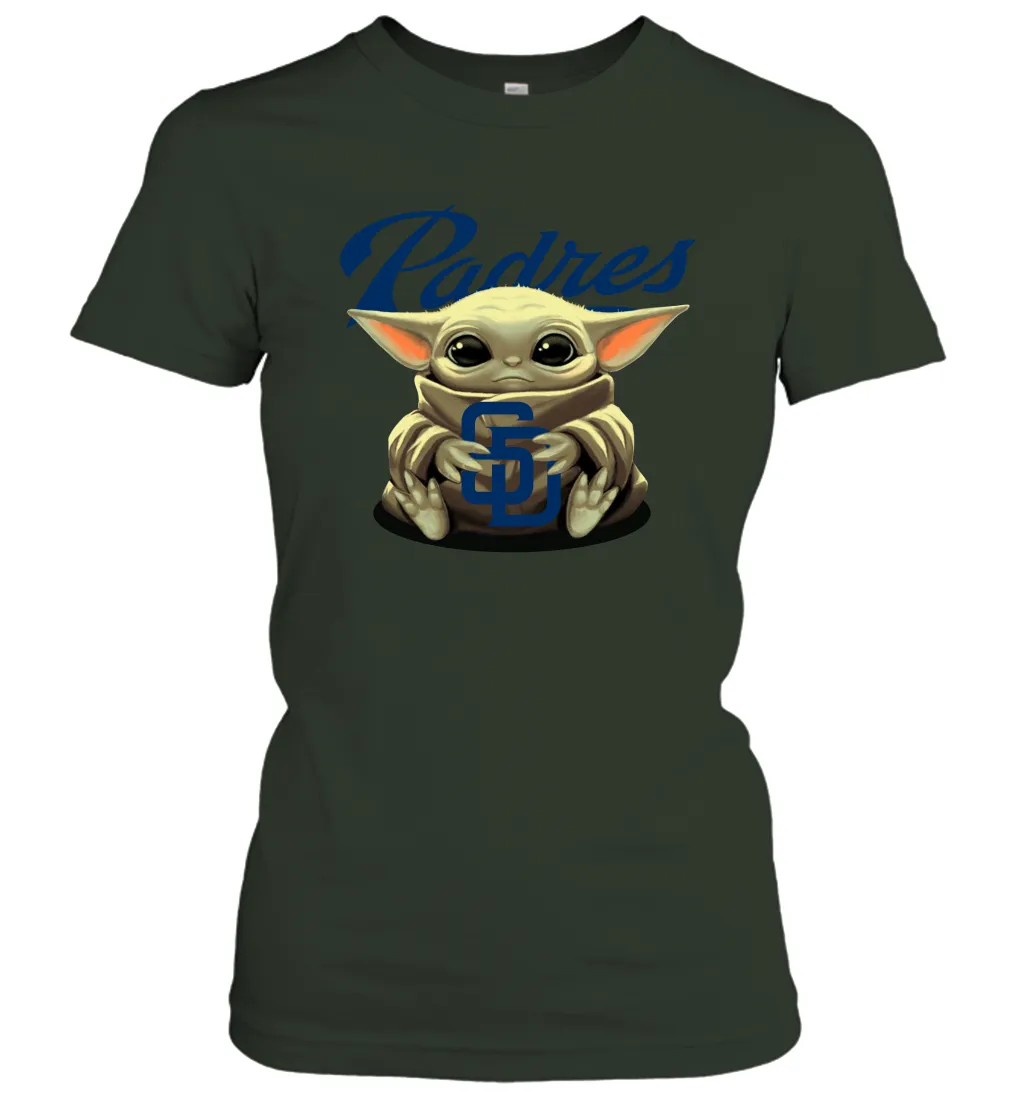 Baby Yoda Hugs Loves The San Diego Padres Baseball Womens T-Shirt