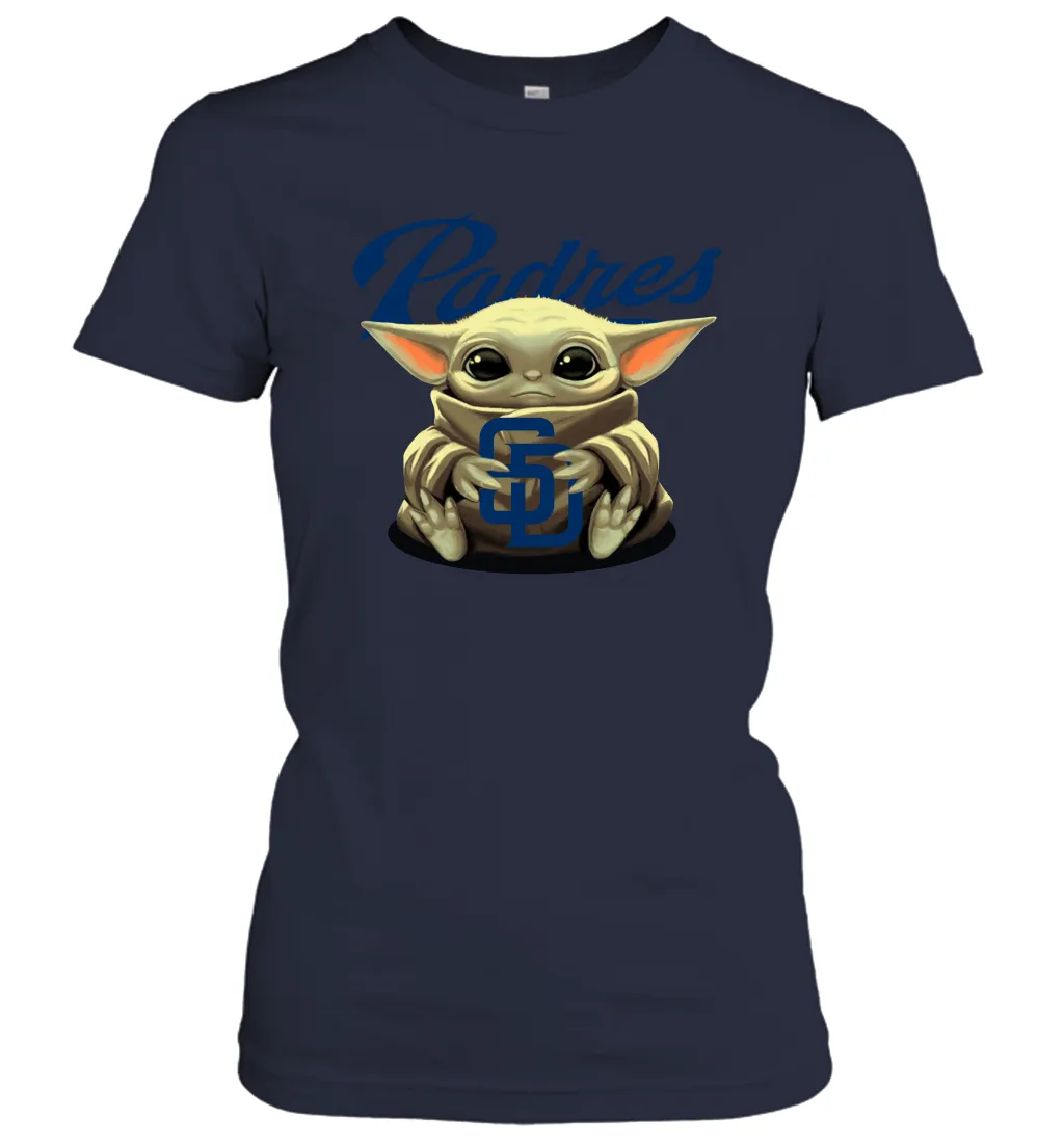 Baby Yoda Hugs Loves The San Diego Padres Baseball Womens T-Shirt