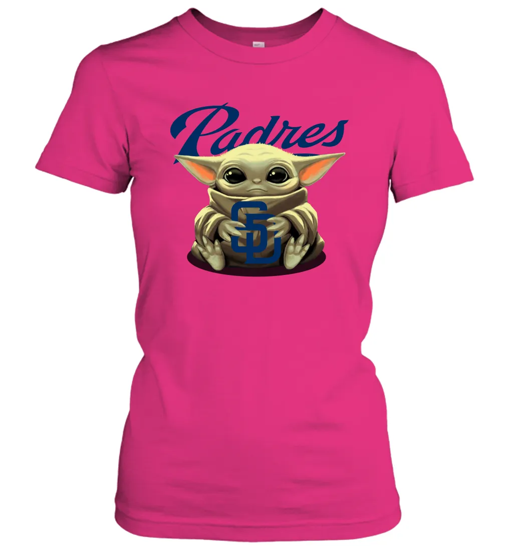 Baby Yoda Hugs Loves The San Diego Padres Baseball Womens T-Shirt