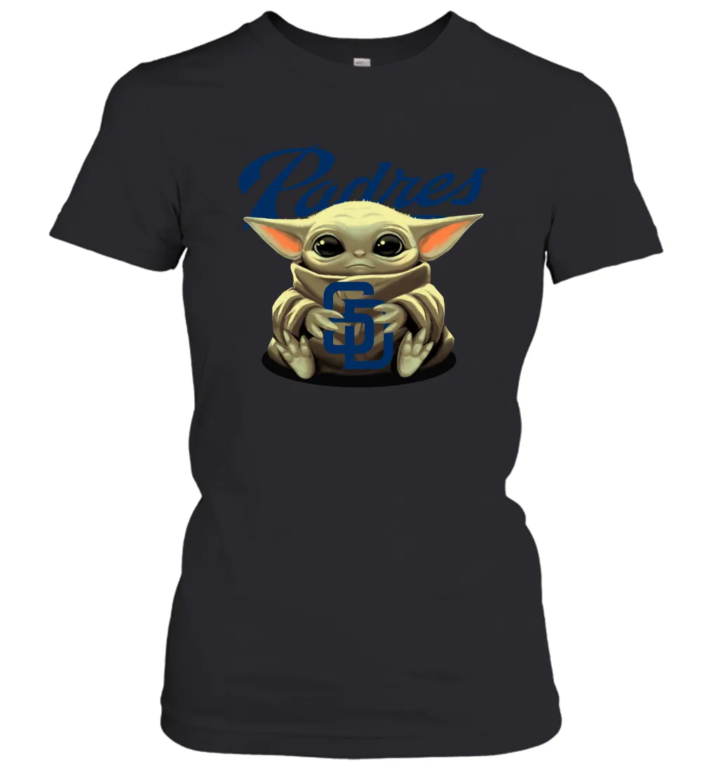 Baby Yoda Hugs Loves The San Diego Padres Baseball Womens T-Shirt