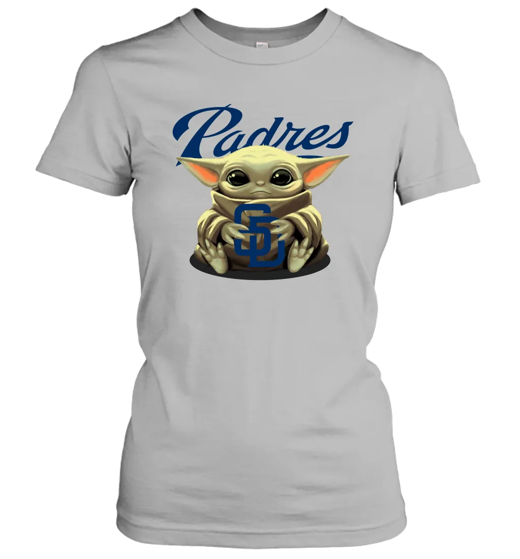 Baby Yoda Hugs Loves The San Diego Padres Baseball Womens T-Shirt