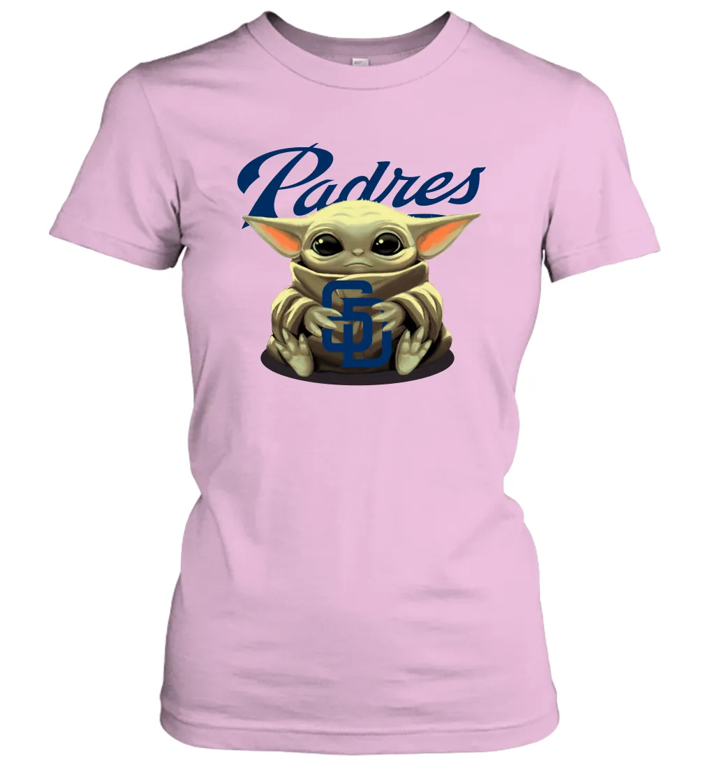 Baby Yoda Hugs Loves The San Diego Padres Baseball Womens T-Shirt
