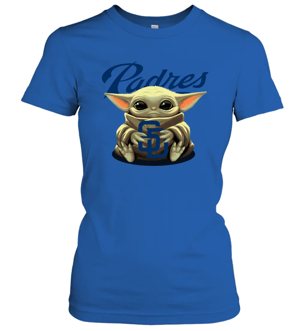 Baby Yoda Hugs Loves The San Diego Padres Baseball Womens T-Shirt