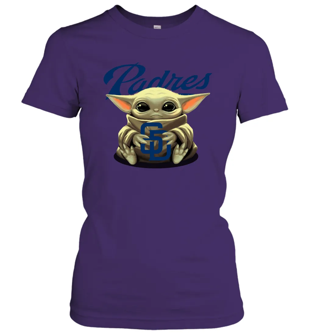 Baby Yoda Hugs Loves The San Diego Padres Baseball Womens T-Shirt