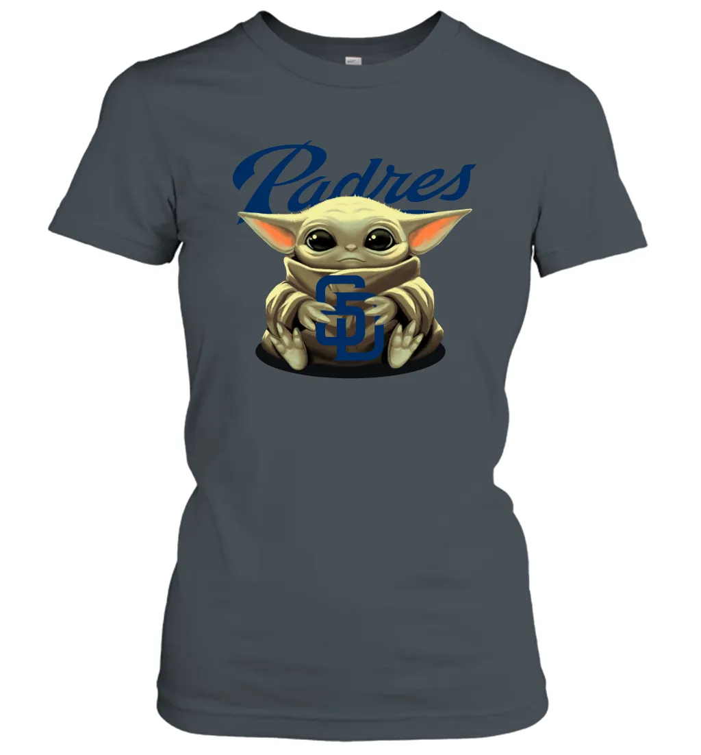 Baby Yoda Hugs Loves The San Diego Padres Baseball Womens T-Shirt