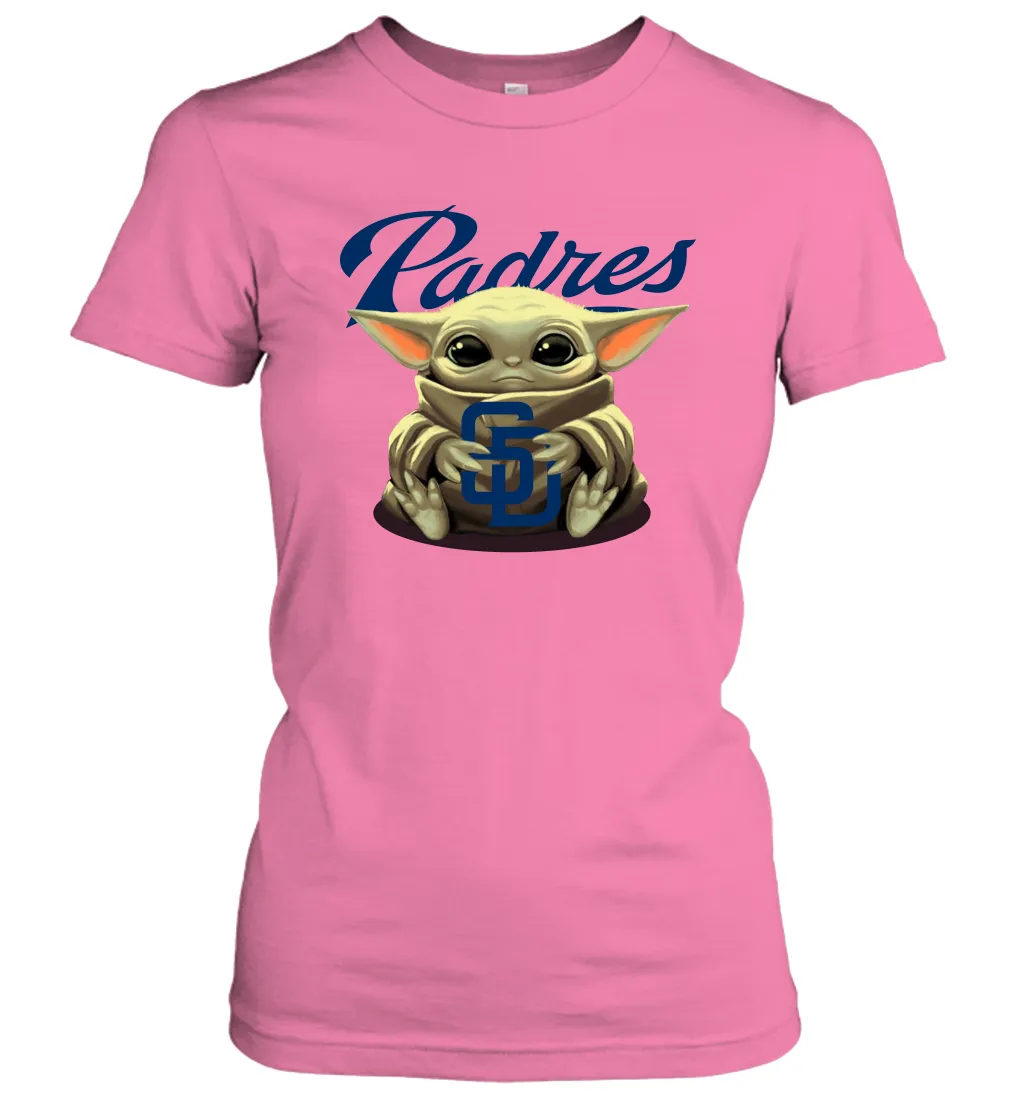 Baby Yoda Hugs Loves The San Diego Padres Baseball Womens T-Shirt