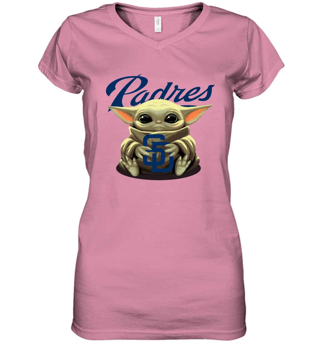 Baby Yoda Hugs Loves The San Diego Padres Baseball Womens V-Neck T-Shirt