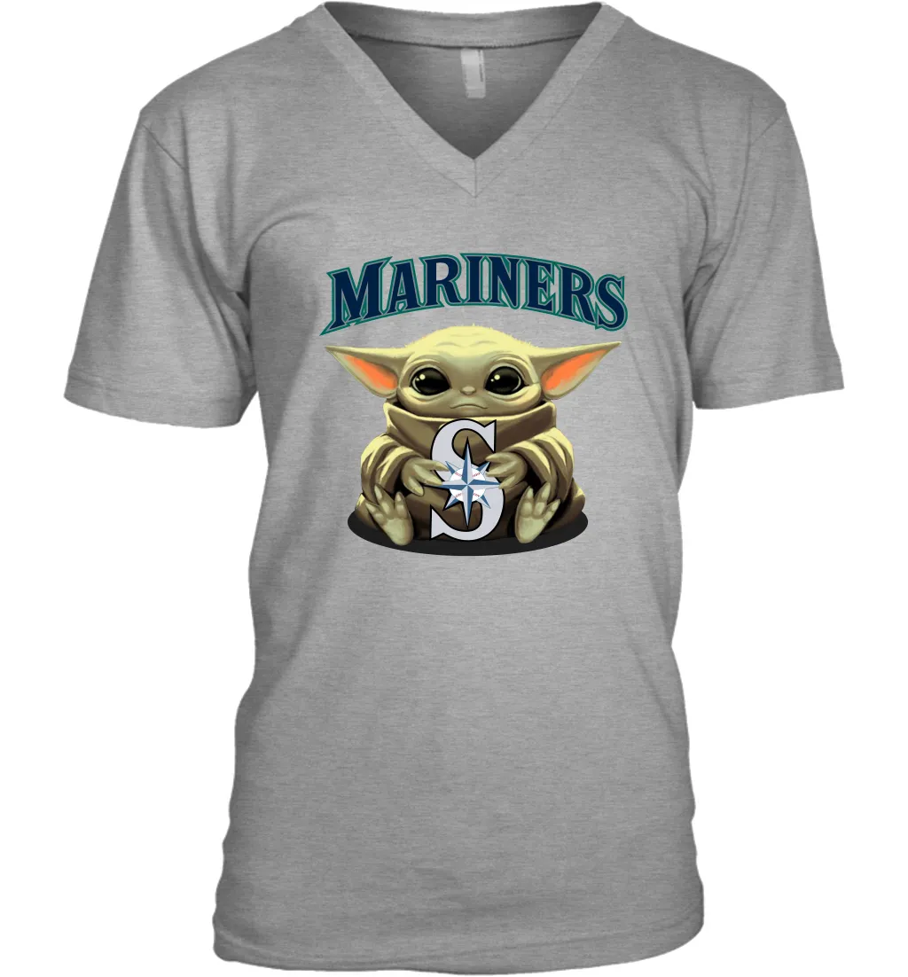Baby Yoda Hugs Loves The Seattle Mariners Baseball Mens V-Neck T-Shirt