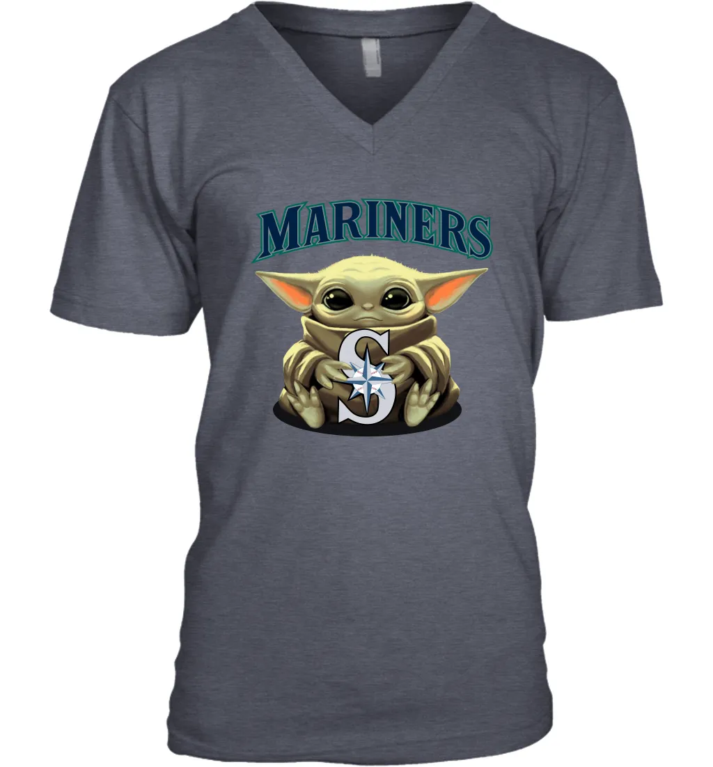 Baby Yoda Hugs Loves The Seattle Mariners Baseball Mens V-Neck T-Shirt