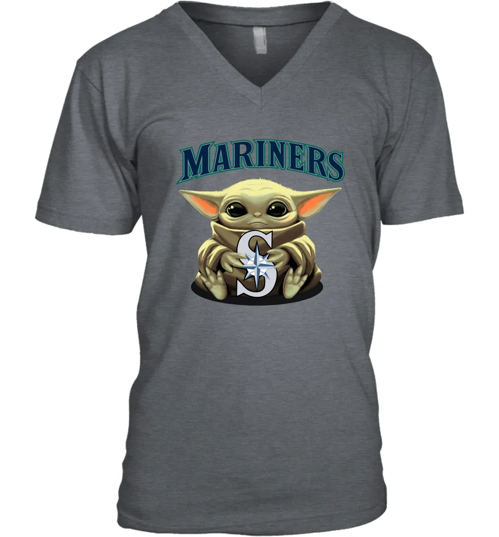 Baby Yoda Hugs Loves The Seattle Mariners Baseball Mens V-Neck T-Shirt