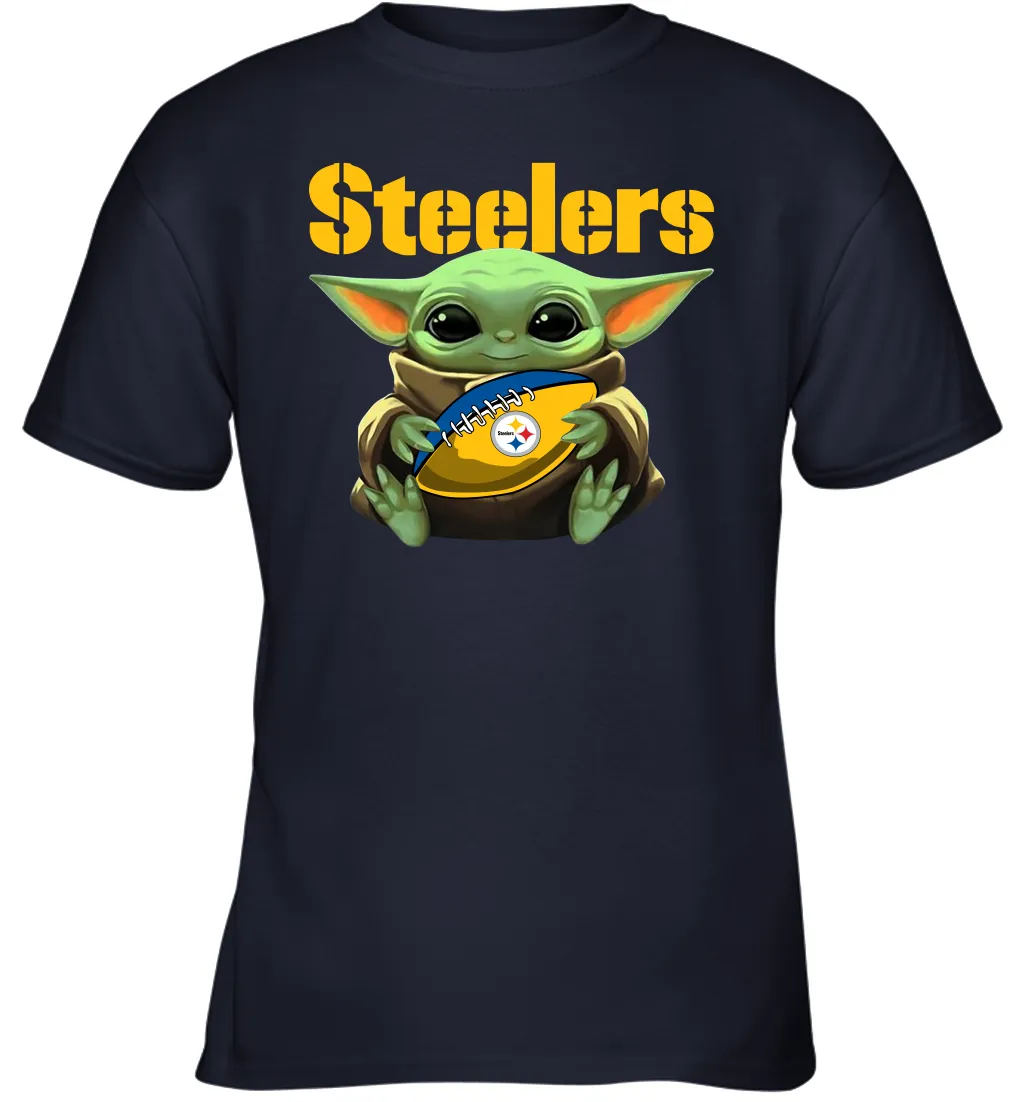 Baby Yoda Loves The Pittsburgh Steelers Star Wars Baby Yoda Hugs Steelers NFL Youth T-Shirt