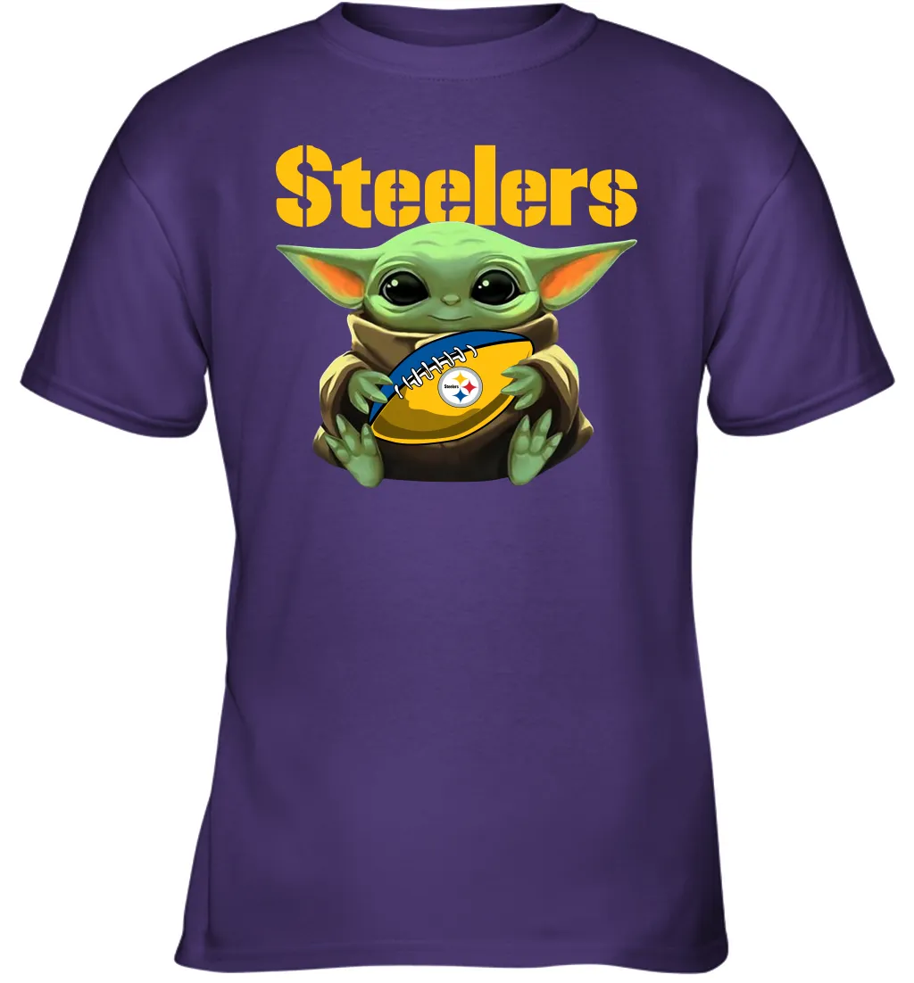 Baby Yoda Loves The Pittsburgh Steelers Star Wars Baby Yoda Hugs Steelers NFL Youth T-Shirt