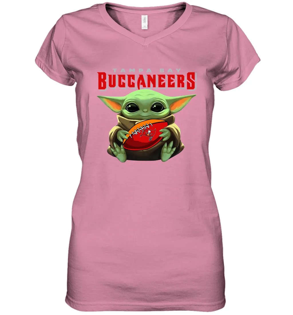 Baby Yoda Loves The Tampa Bay Buccaneers Star Wars Baby Yoda Hugs Buccaneers NFL Womens V-Neck T-Shirt