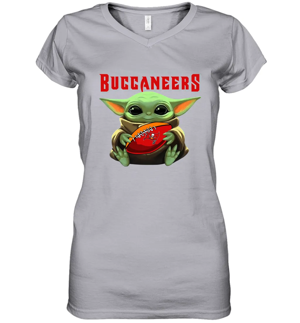 Baby Yoda Loves The Tampa Bay Buccaneers Star Wars Baby Yoda Hugs Buccaneers NFL Womens V-Neck T-Shirt