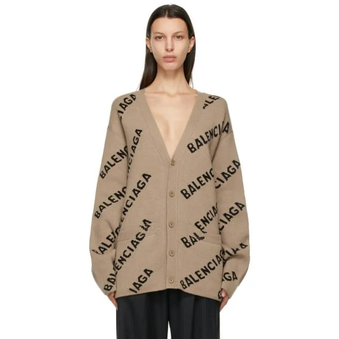 Balenciaga Beige and Black Allover Logo Cardigan