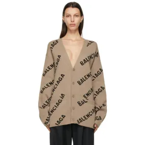 Balenciaga Beige and Black Allover Logo Cardigan
